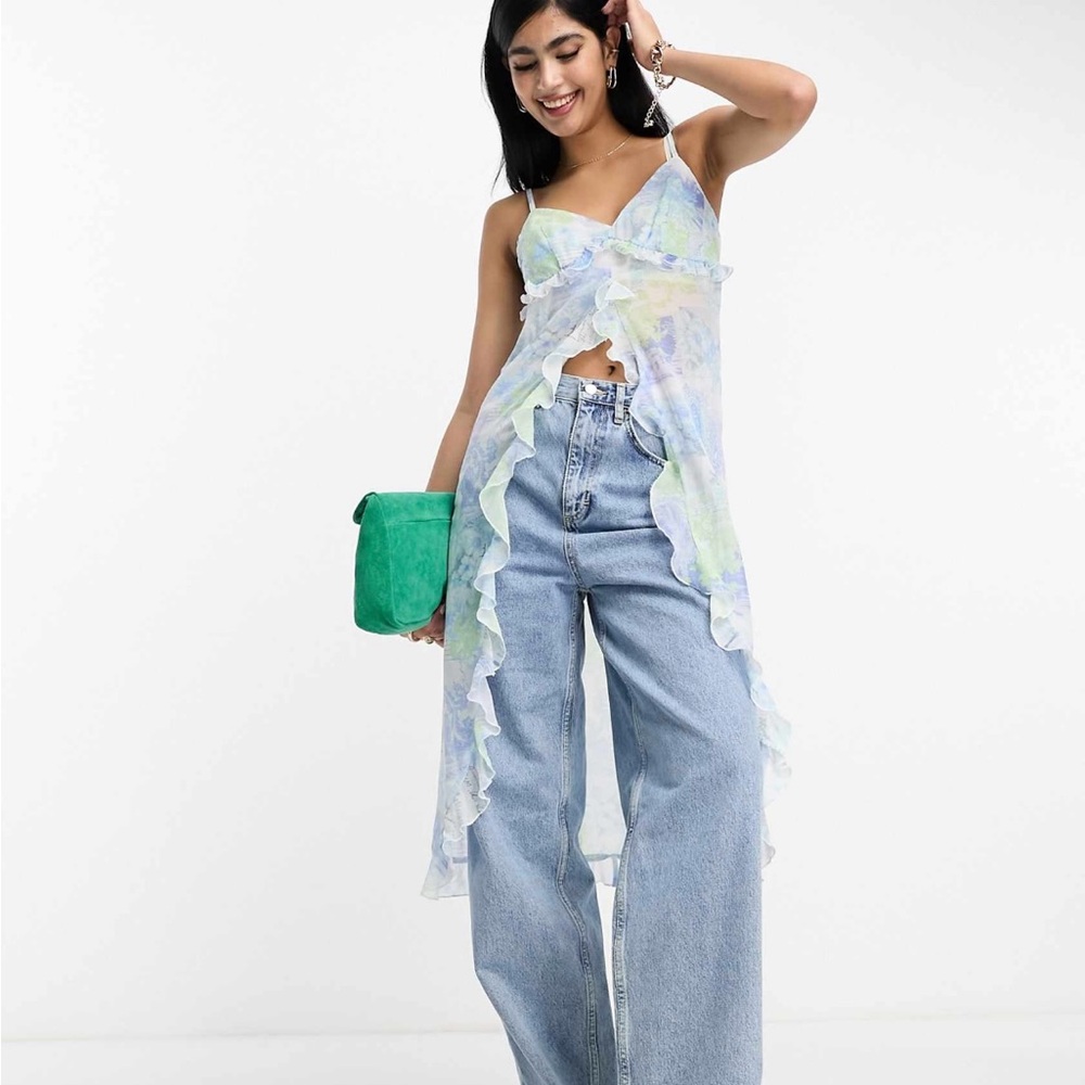 Ruffle Longline Cami With Split Front In Blue Pai… - image 1